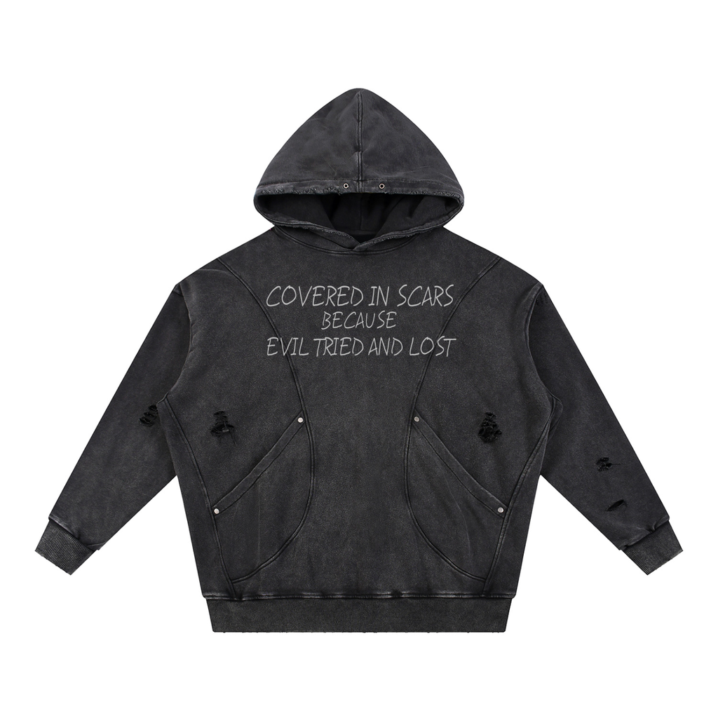 "EVIL LOST" Frayed Panel Hoodie