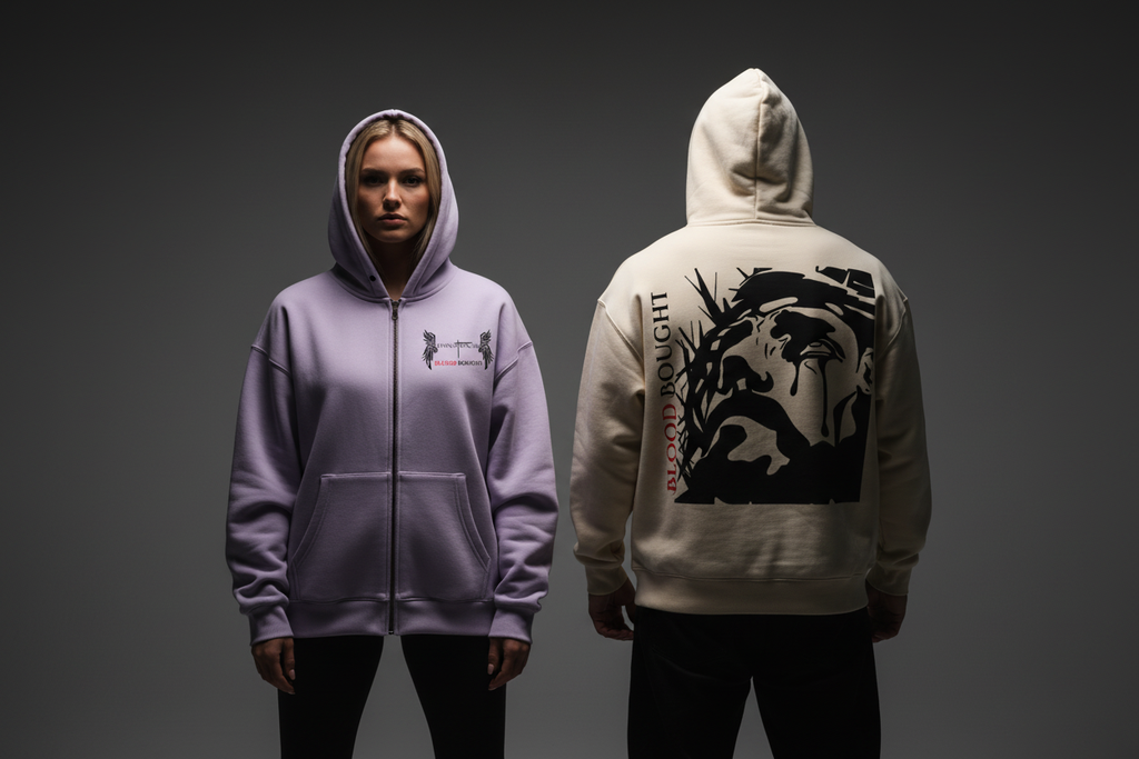 Blood Bought Hoodie - Woman Purple, Man Tan