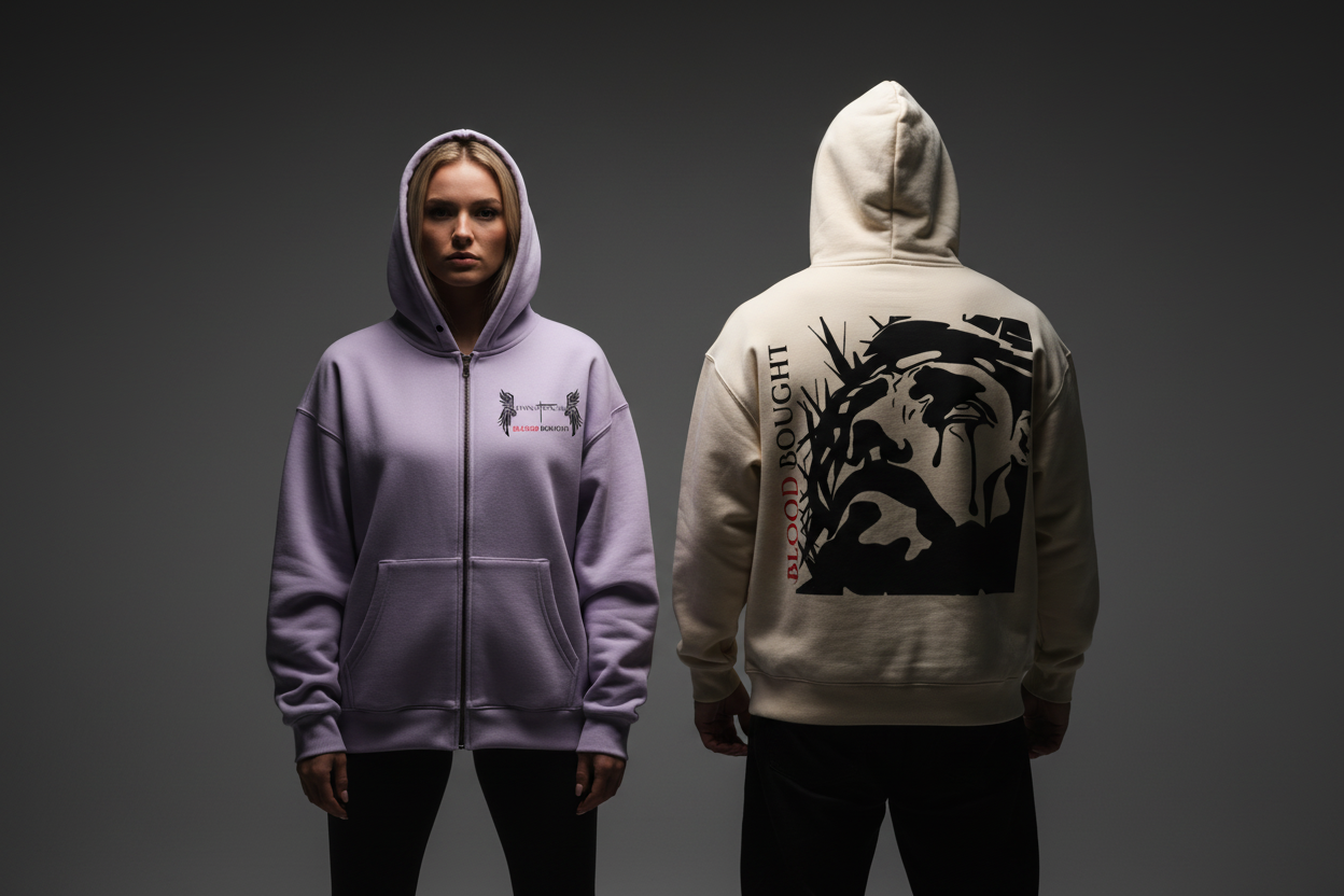 Blood Bought Hoodie - Woman Purple, Man Tan