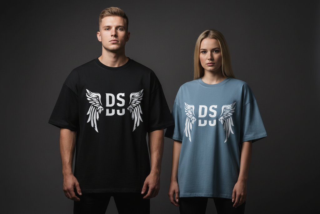 EMBLEM DROP TEE — Black & Steel Blue