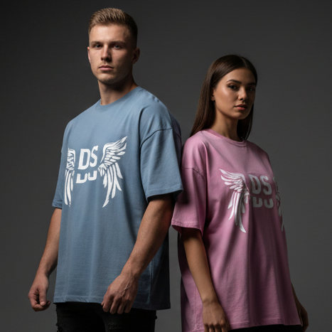 EMBLEM DROP TEE — Steel Blue & Pink
