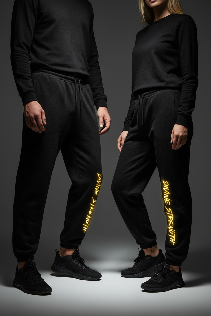 Gold Print Joggers — Angled Duo