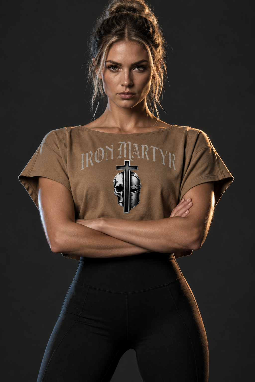 Open-Back Tee — Tan Arms Crossed
