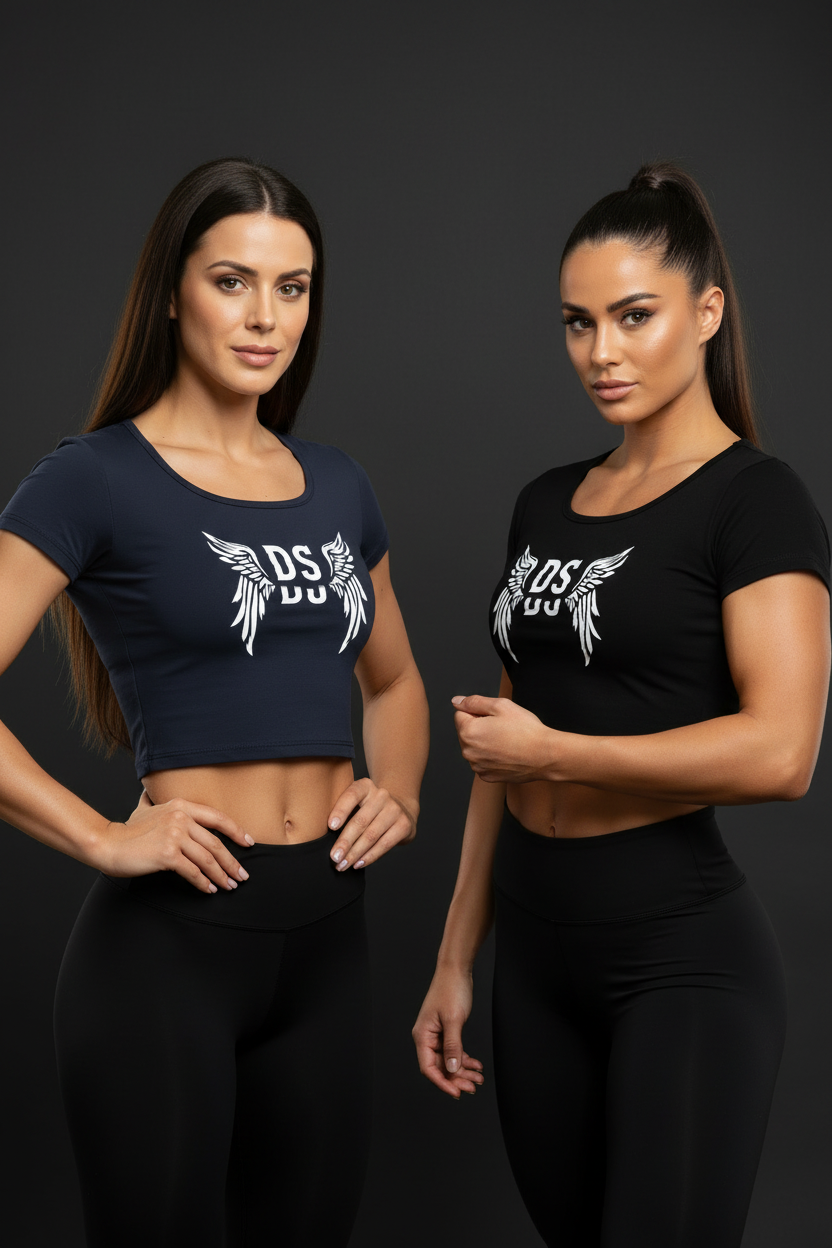 Two Women in DS Emblem Crop T-Shirts