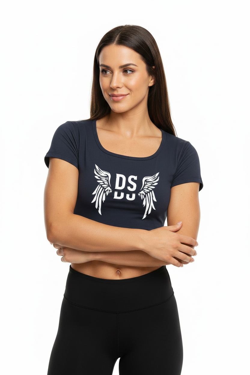 Women's Emblem Square Neck Crop T-Shirt - Natural Model