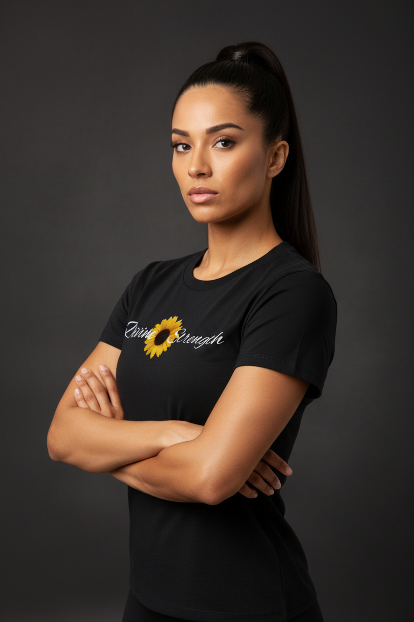 Women's Sunflower Logo Shoulder T-Shirt - Arms Crossed Pose